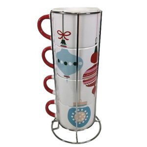 Pier 1 One Stacking Stackable Mugs Cups Set of 4 Christmas Ornaments Rack Stand